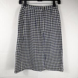 Vintage Wool Houndstooth Skirt Women Navy Cream Lined Midi 60s 70s Style